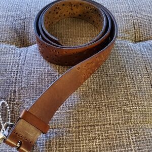 Brown Leather Belt for Women Punched Floral Pattern